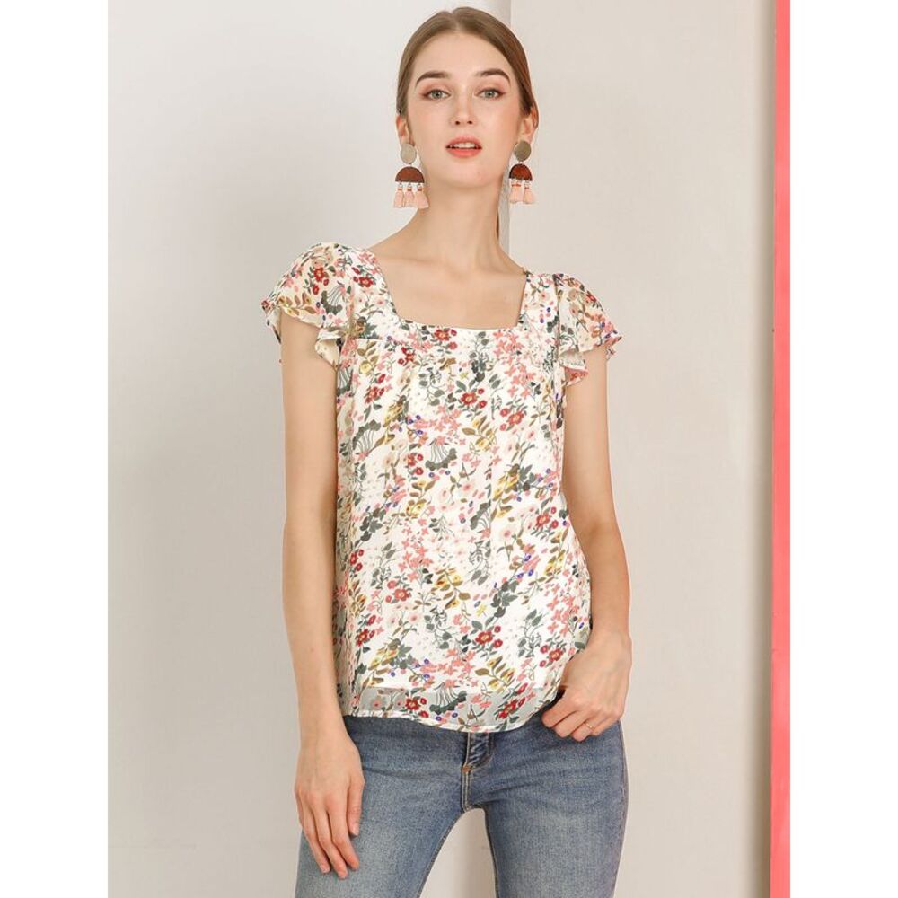 Women's Chiffon Ruffle Sleeve Vintage Layered Floral Print Blouse Top White - Picture 3 of 6